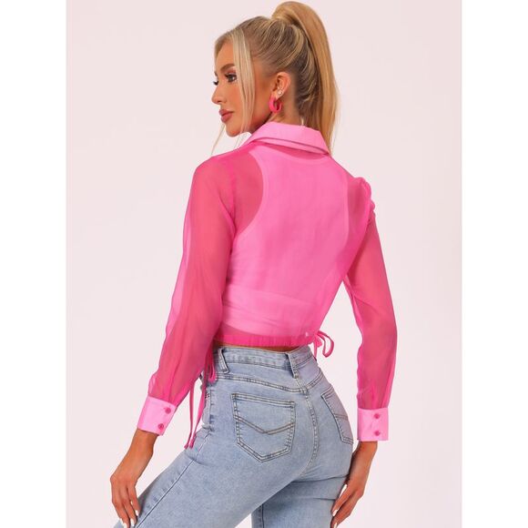 See Through Top Long Sleeve Button Down Cropped Jacket Hot Pink - Picture 4 of 5
